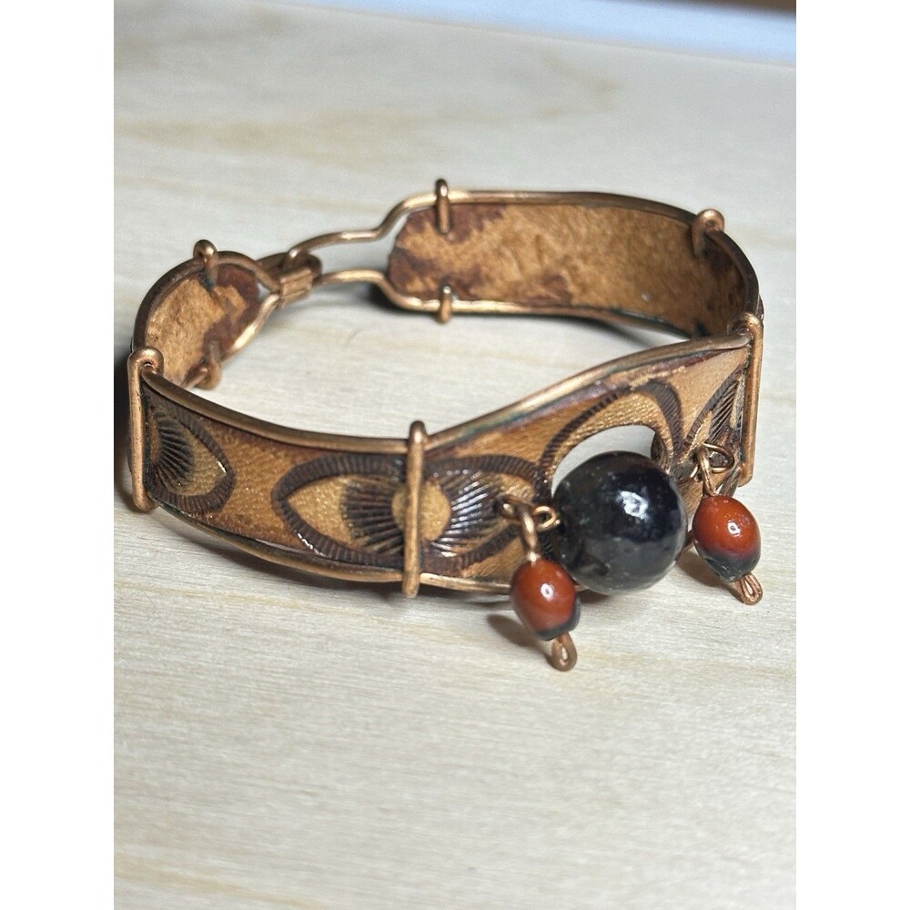 Handmade Artisan Huayruro Seed Leather Copper Wire Bracelet Cuba Bead Dangle